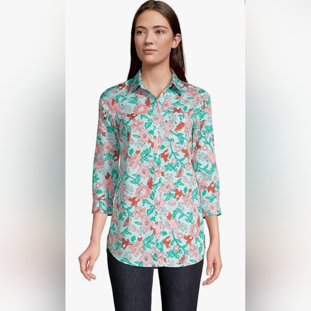 Women's Lands' End No Iron Supima Cotton Floral Button Front Shirt Size 18